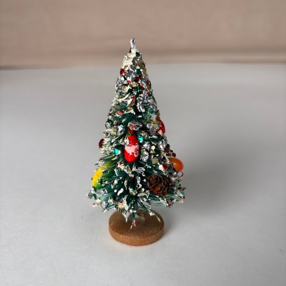 Vintage MCM Bottle Brush Fruit Pinecone Christmas Tree Miniature Wood Base 3.75"